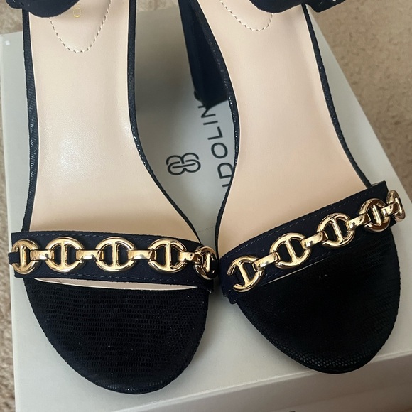 Bandolino dark navy blue block heel ankle strap sandal-gold accents NIB-sz 7.5M - Picture 2 of 6